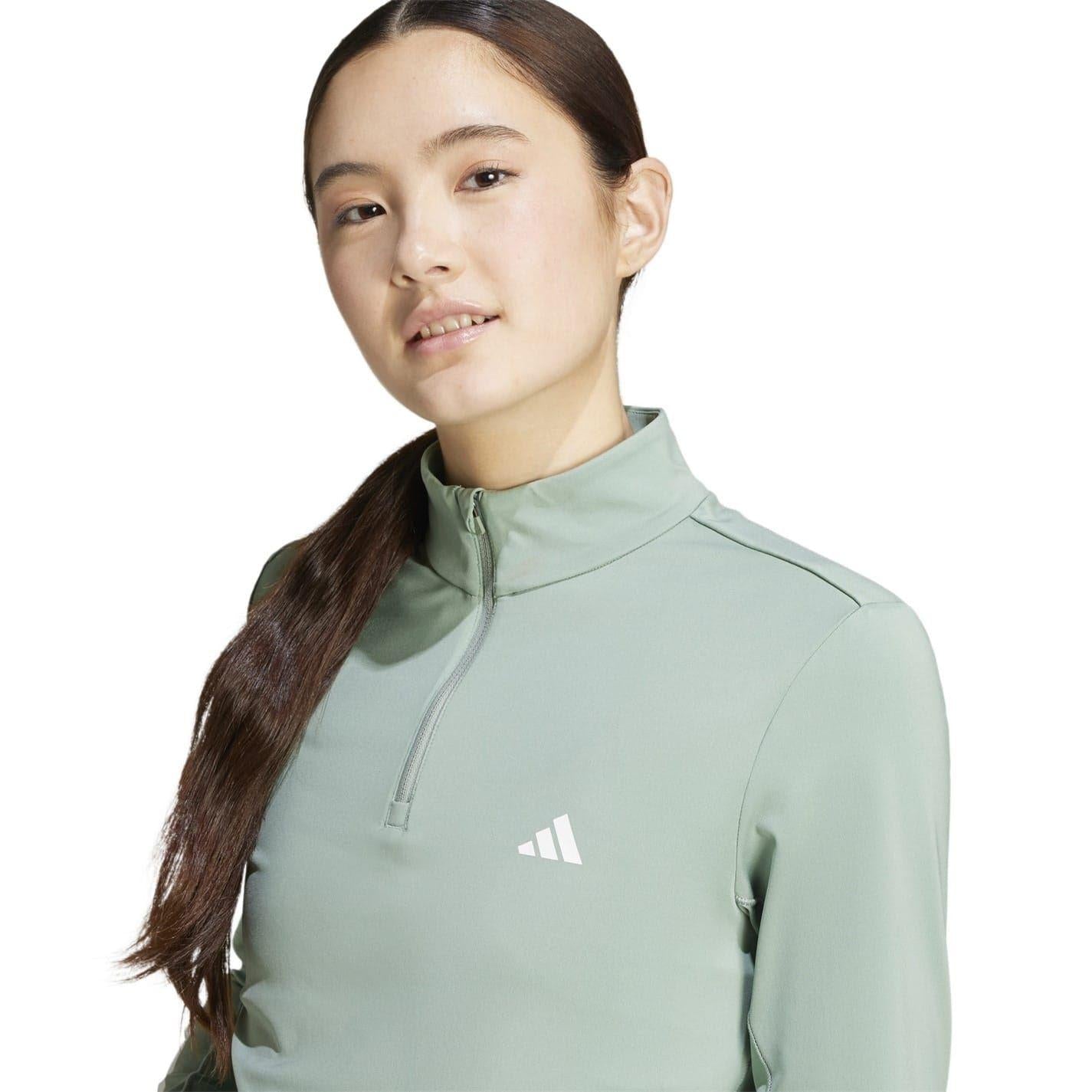 Linen Green - Side - Adidas Womens-Ladies Hyperglam Zip Neck Gym Top
