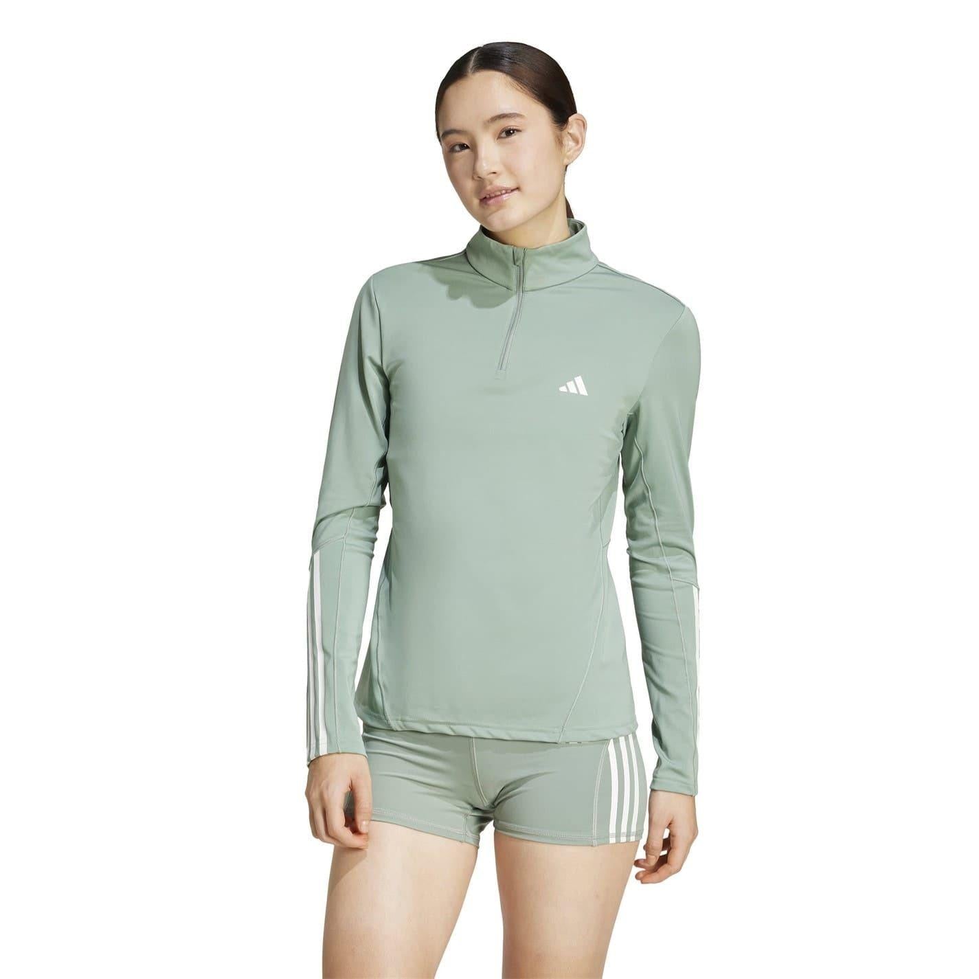 Linen Green - Lifestyle - Adidas Womens-Ladies Hyperglam Zip Neck Gym Top