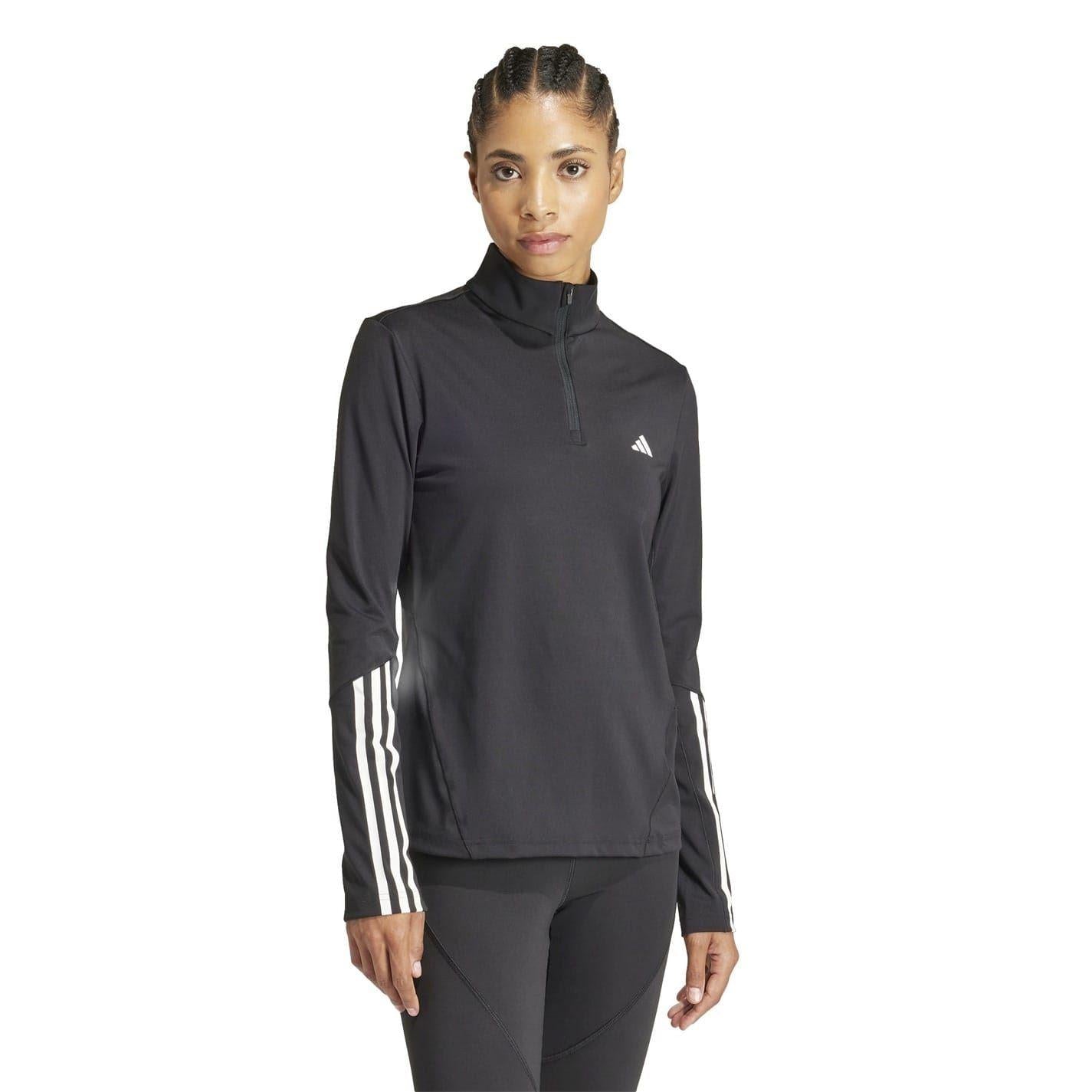 Black - Side - Adidas Womens-Ladies Hyperglam Zip Neck Gym Top