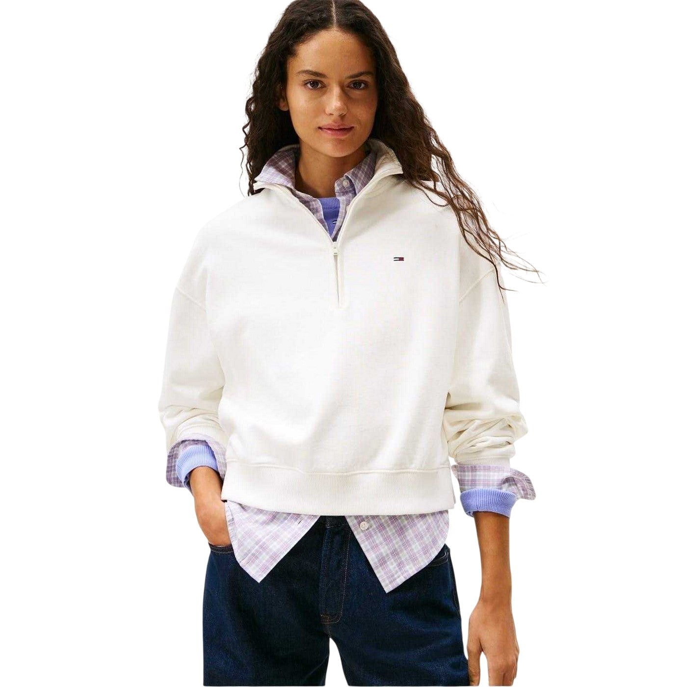 Ecru - Lifestyle - Tommy Jeans Womens-Ladies Zip Neck Sweatshirt