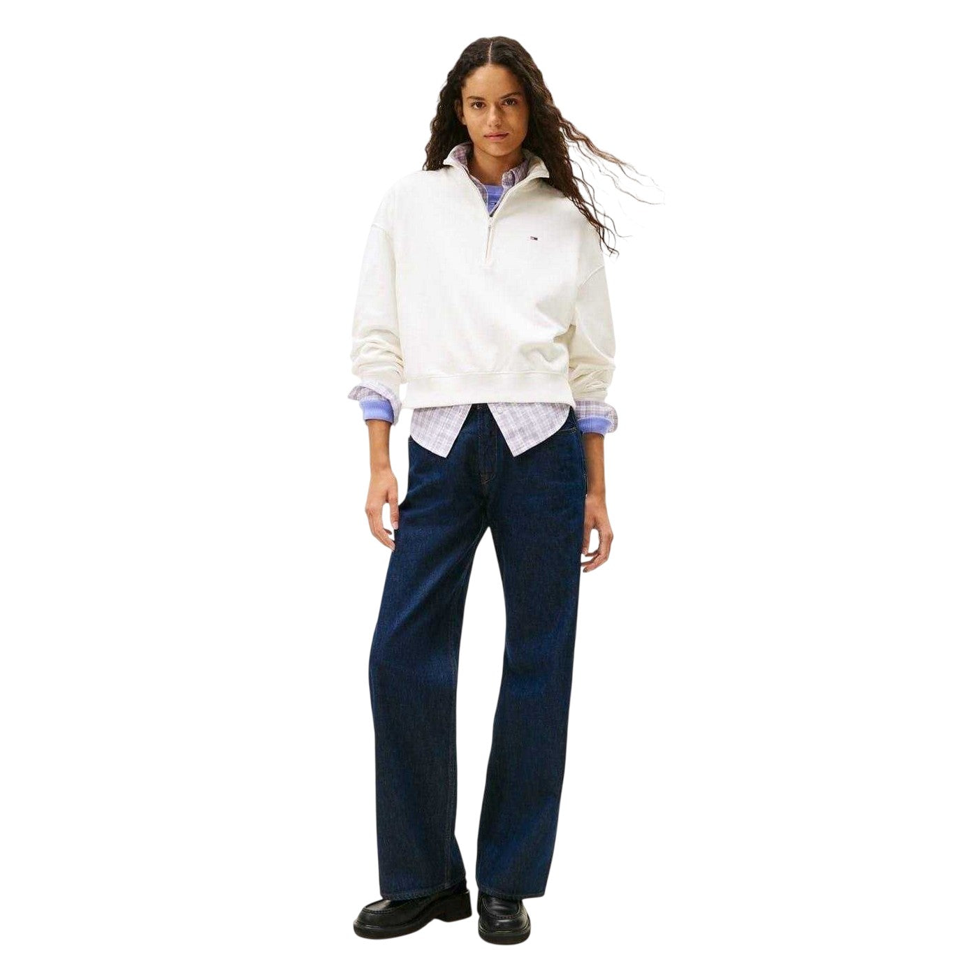 Ecru - Pack Shot - Tommy Jeans Womens-Ladies Zip Neck Sweatshirt