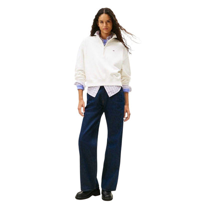 Ecru - Pack Shot - Tommy Jeans Womens-Ladies Zip Neck Sweatshirt