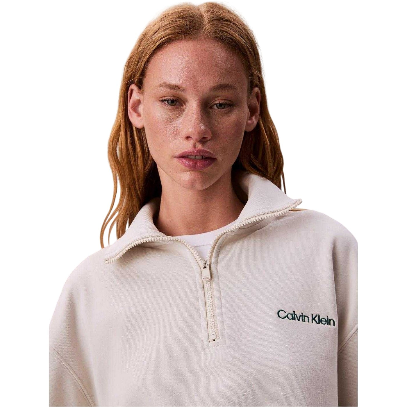 Chalk - Side - Calvin Klein Womens-Ladies Embroidered Logo Fleece Sweatshirt