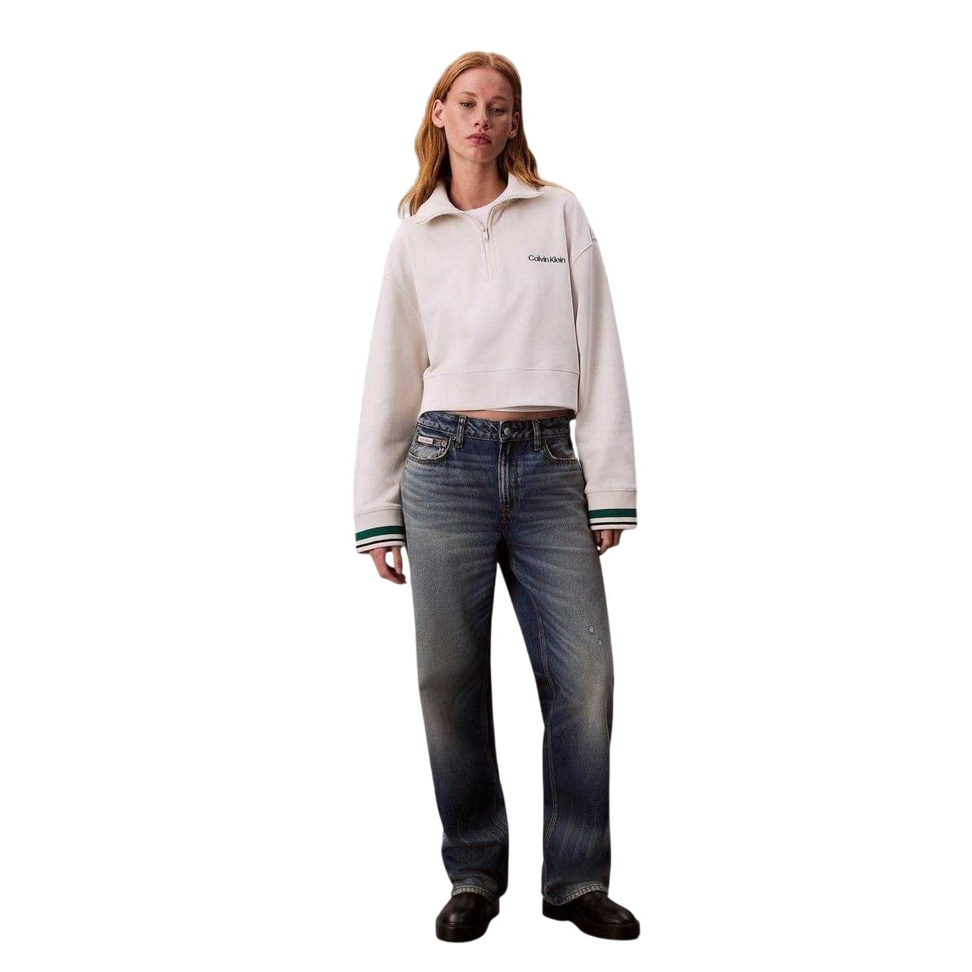 Chalk - Pack Shot - Calvin Klein Womens-Ladies Embroidered Logo Fleece Sweatshirt