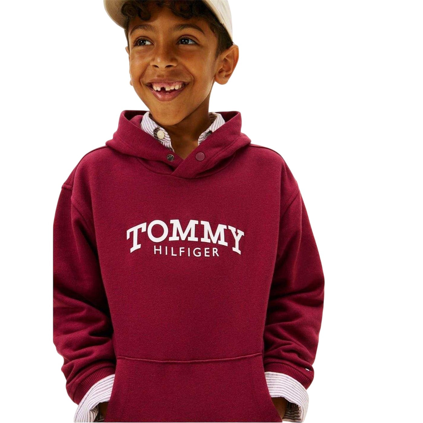 Cherry Red - Side - Tommy Hilfiger Childrens-Kids Logo Hooded Drawstring Hoodie