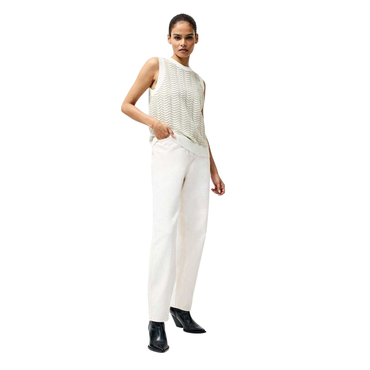 Pistachio-Cream - Back - French Connection Womens-Ladies Wave Pattern Knitted Relaxed Fit Sleeveless Vest Top