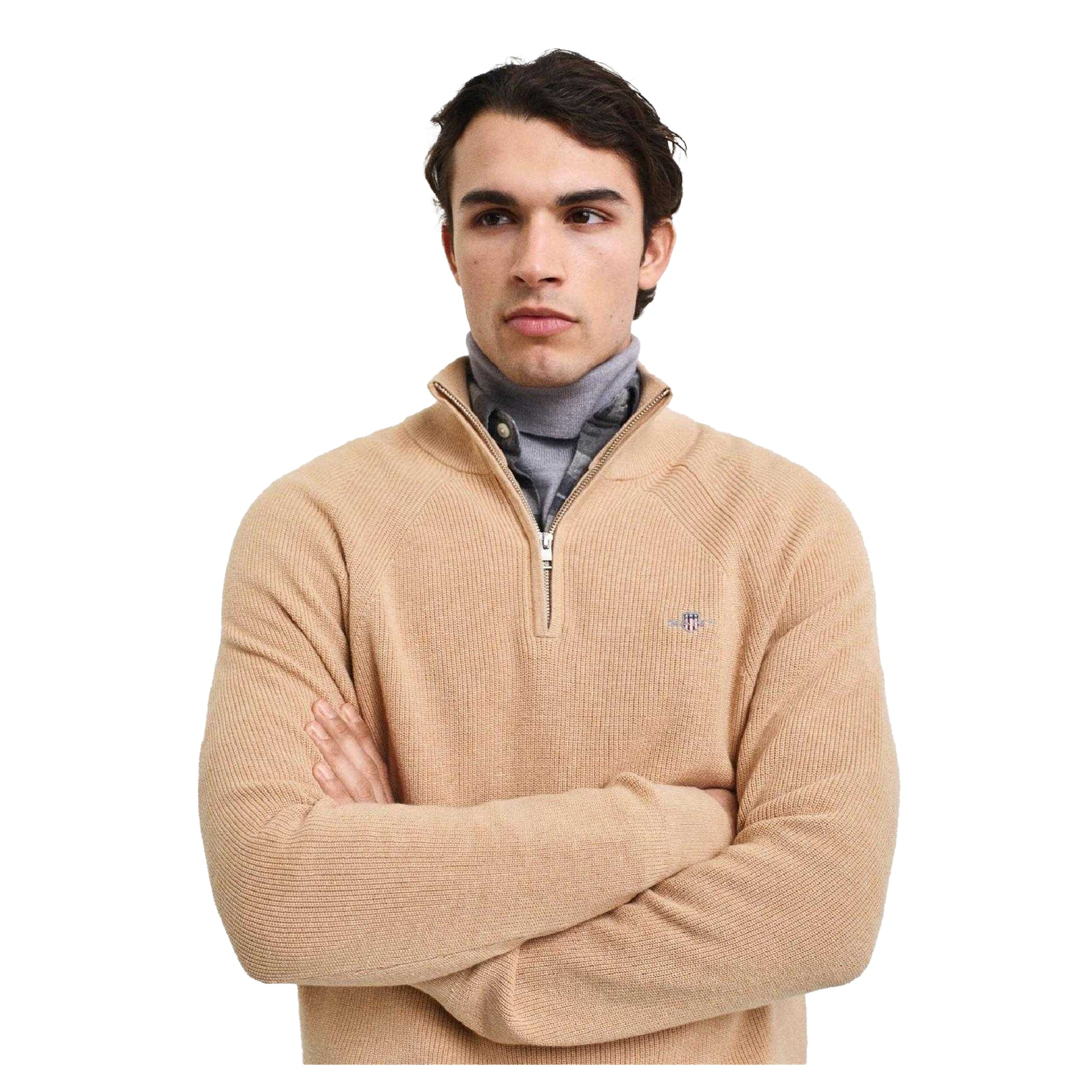 Khaki - Side - Gant Mens Wool Blend Half Zip Fleece Top