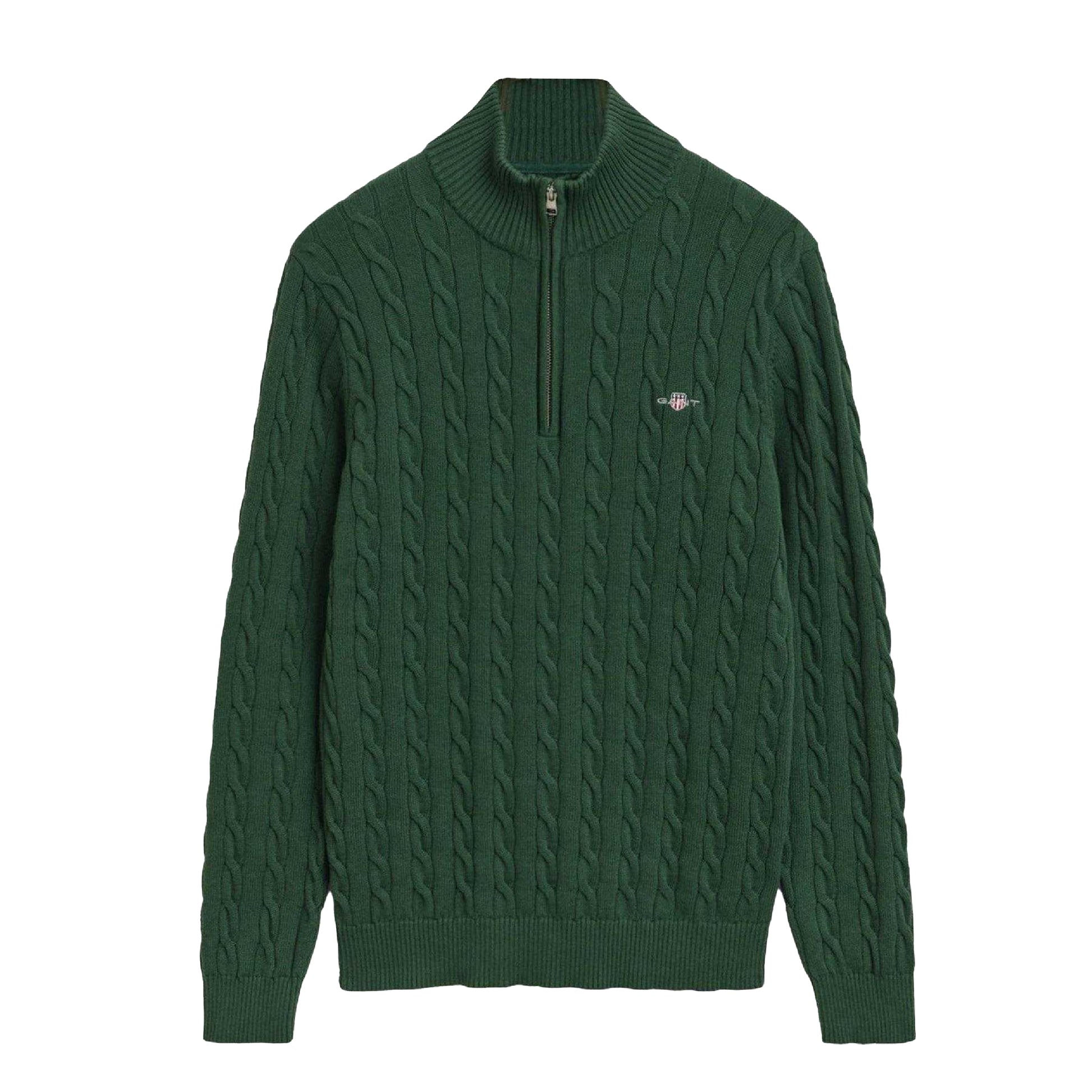 Green - Front - Gant Mens Cable Knit Half Zip Jumper