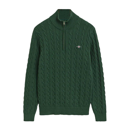 Green - Front - Gant Mens Cable Knit Half Zip Jumper