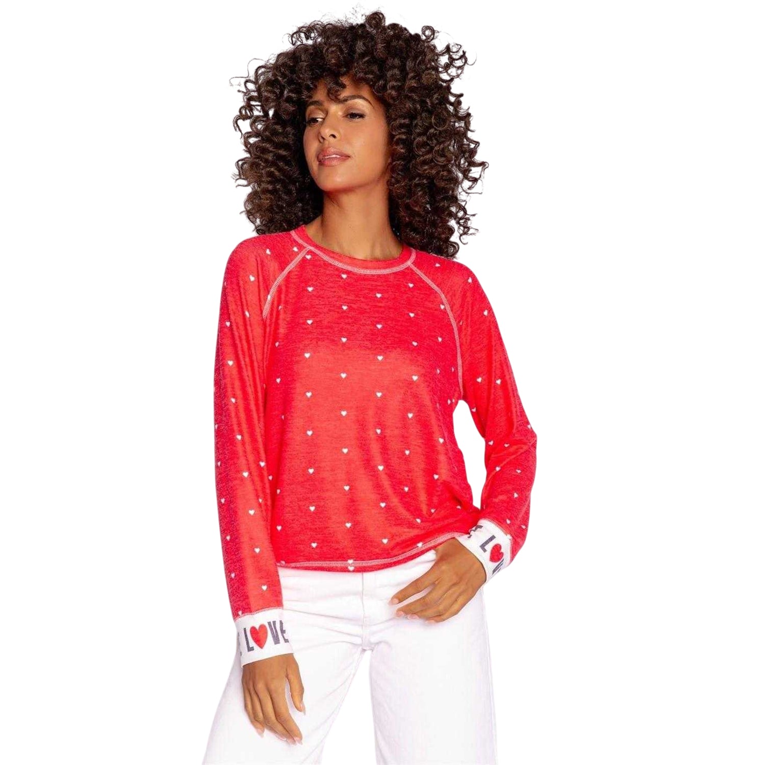 Red - Side - PJ Salvage Womens-Ladies Loved Hearts Relaxed Fit Raglan Pullover