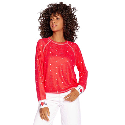 Red - Side - PJ Salvage Womens-Ladies Loved Hearts Relaxed Fit Raglan Pullover