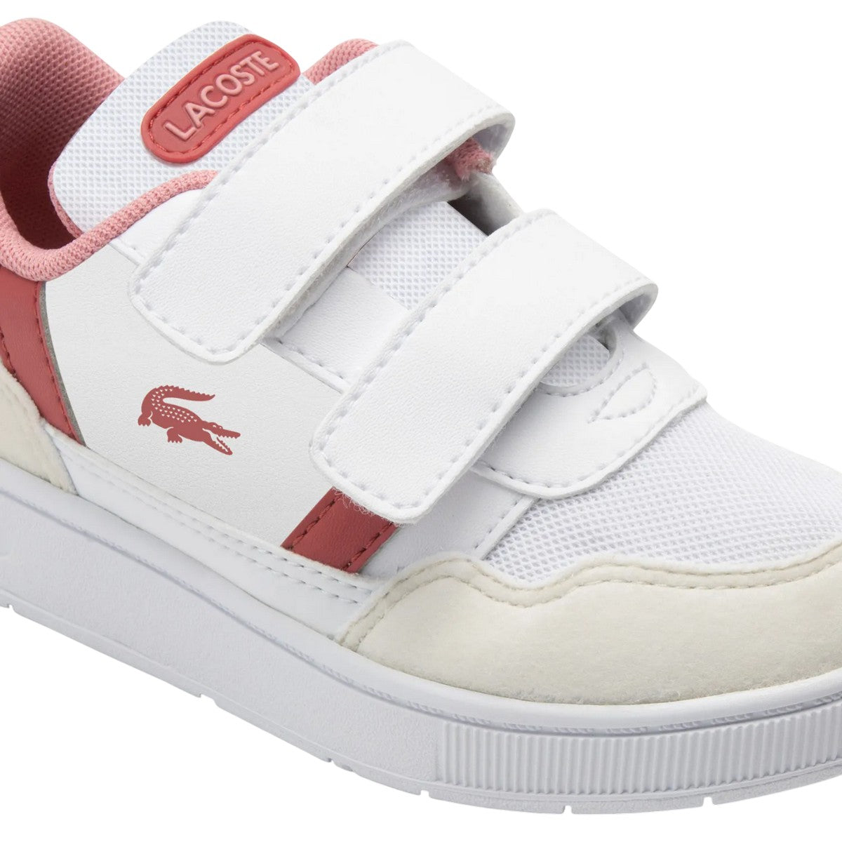 White-Pink - Pack Shot - Lacoste Childrens-Kids T-Clip Synthetic Suede Trainers