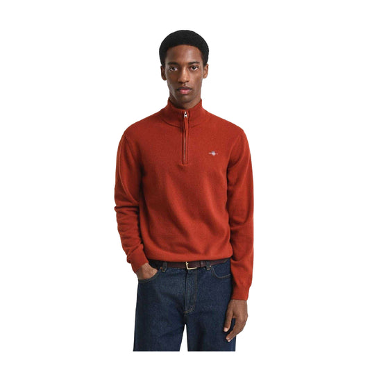 Brown - Front - Gant Mens Lambswool Half Zip Jumper