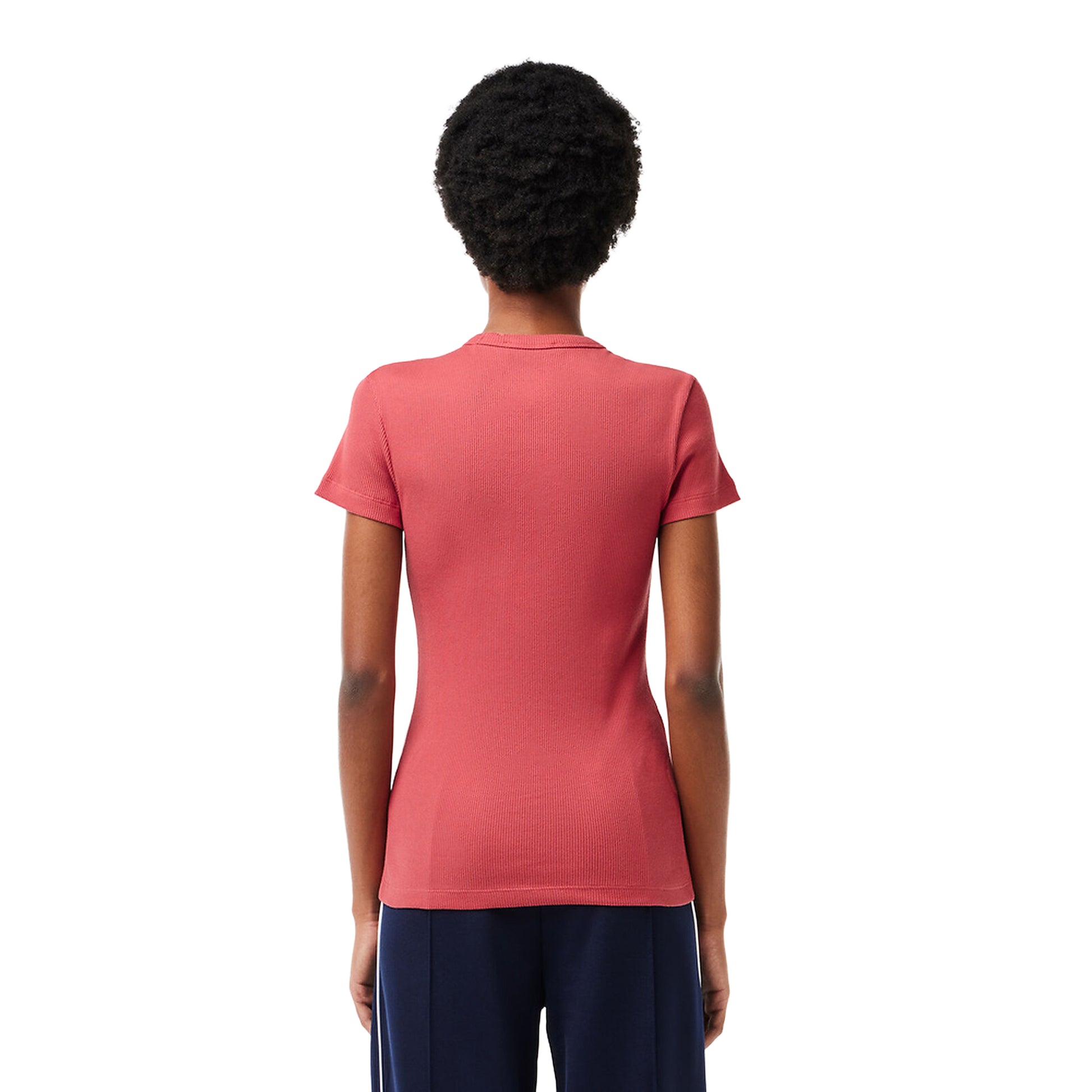 Red - Back - Lacoste Womens-Ladies Ribbed Slim T-Shirt