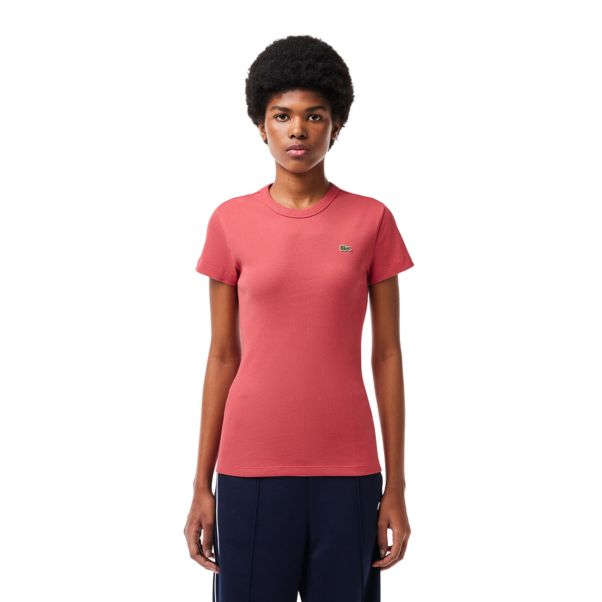 Red - Side - Lacoste Womens-Ladies Ribbed Slim T-Shirt