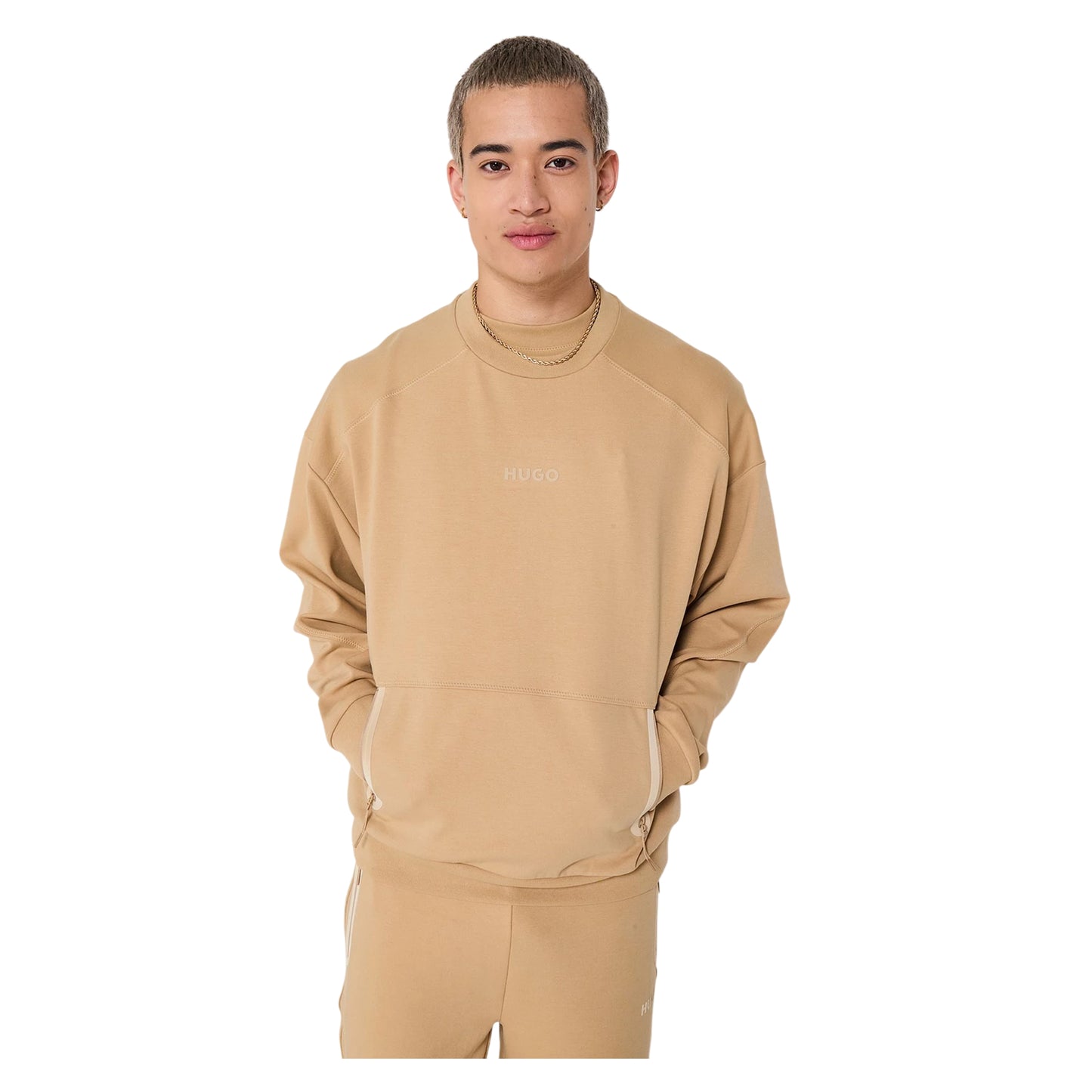 Medium Beige - Front - Hugo Boss Mens Zip Pocket Regular Sweatshirt