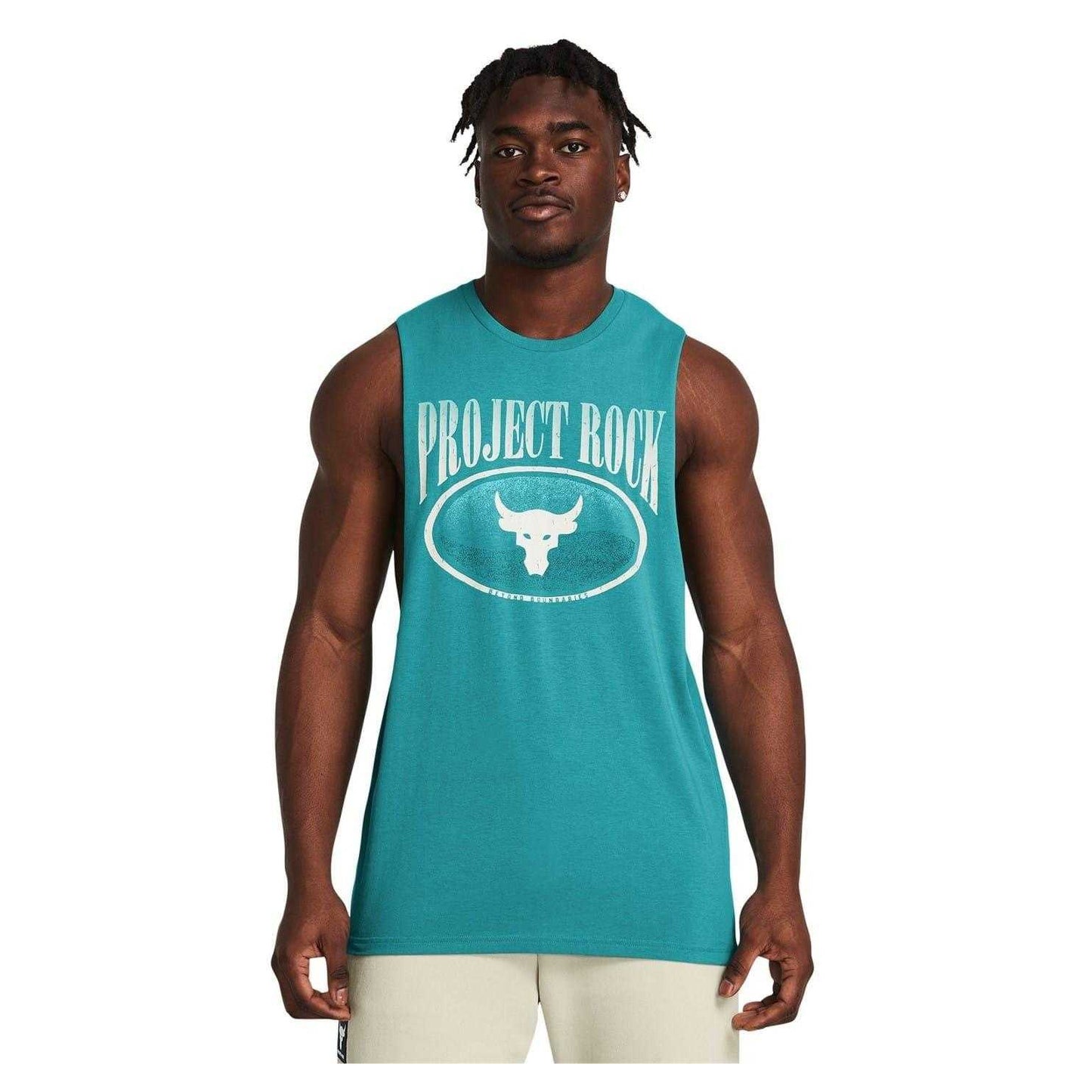 Blue - Side - Under Armour Mens Project Rock Fitted Sleeveless Vest Top
