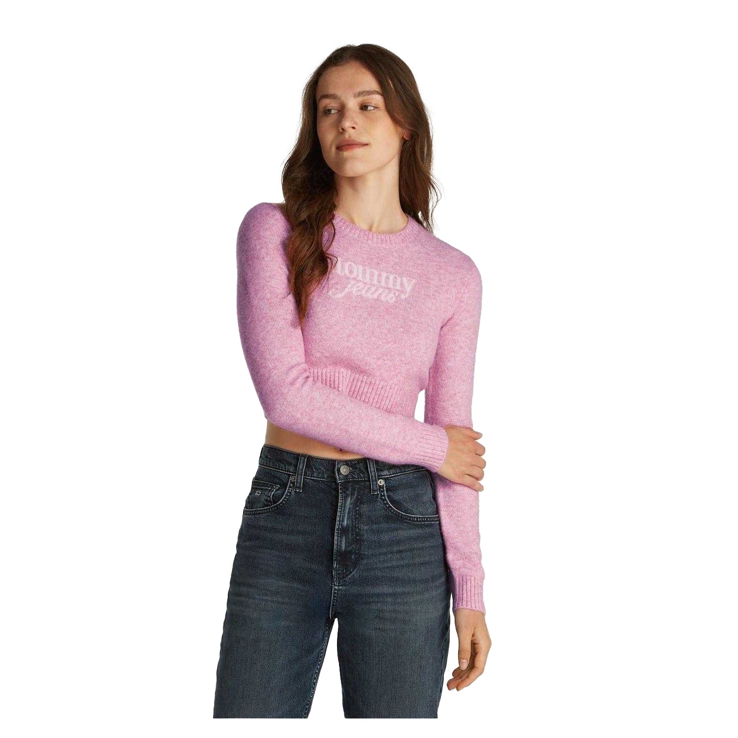 Pink Crush Heather - Side - Tommy Jeans Womens-Ladies Cropped Slim Jumper