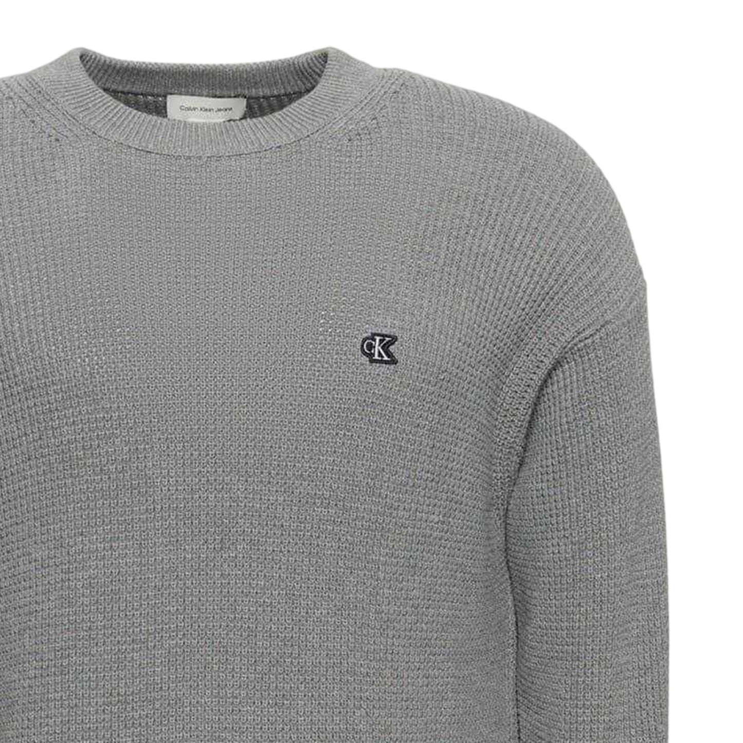 Medium Grey - Side - Calvin Klein Mens Waffle Crew Neck Jumper