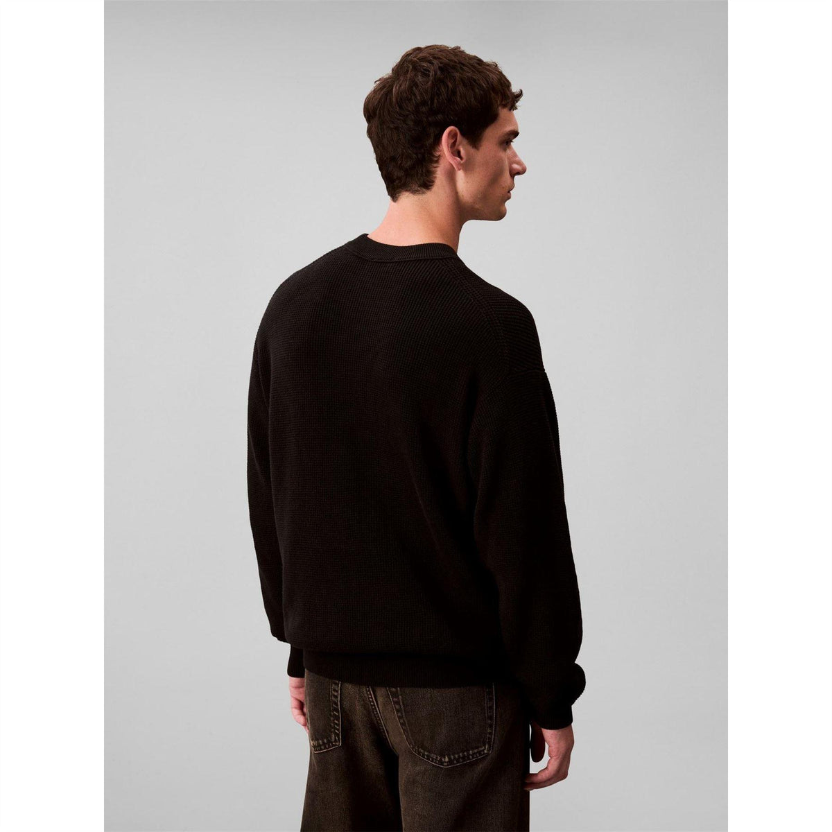 Black - Side - Calvin Klein Mens Waffle Crew Neck Jumper
