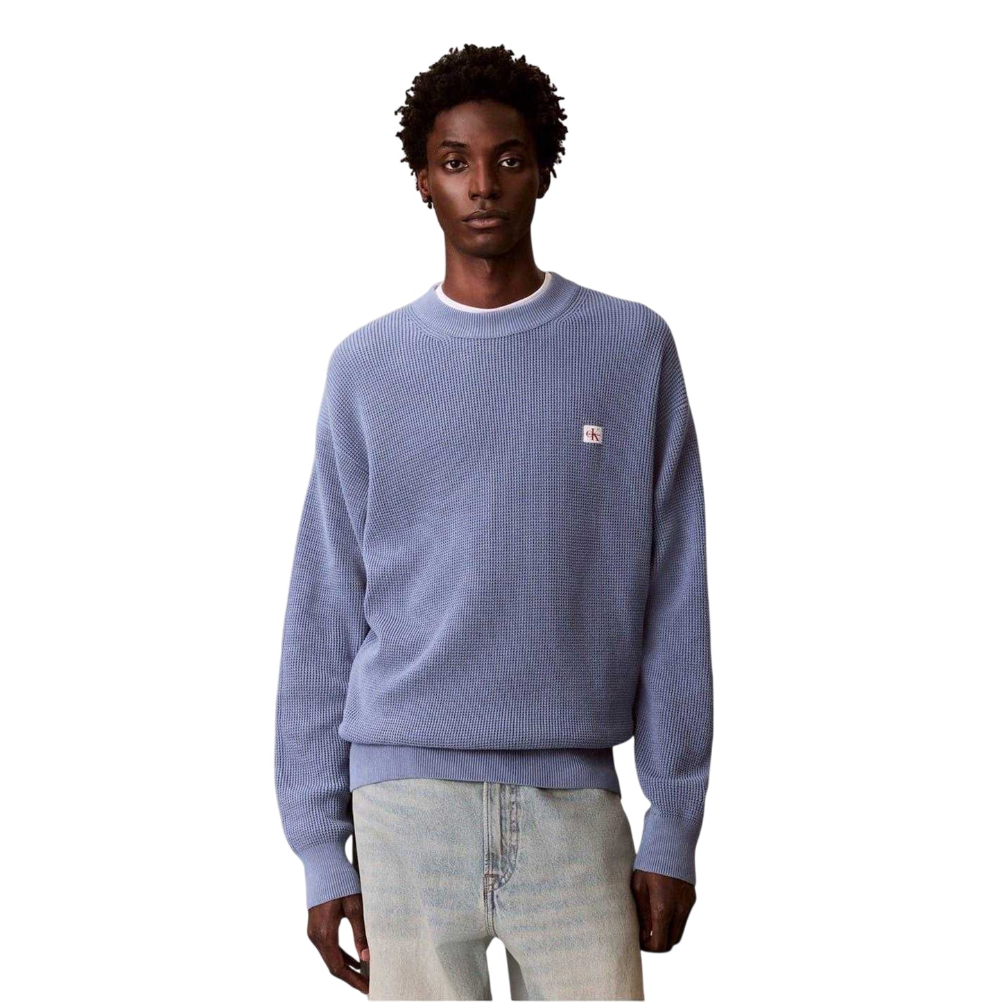 Dusty Blue - Front - Calvin Klein Mens Waffle Crew Neck Jumper