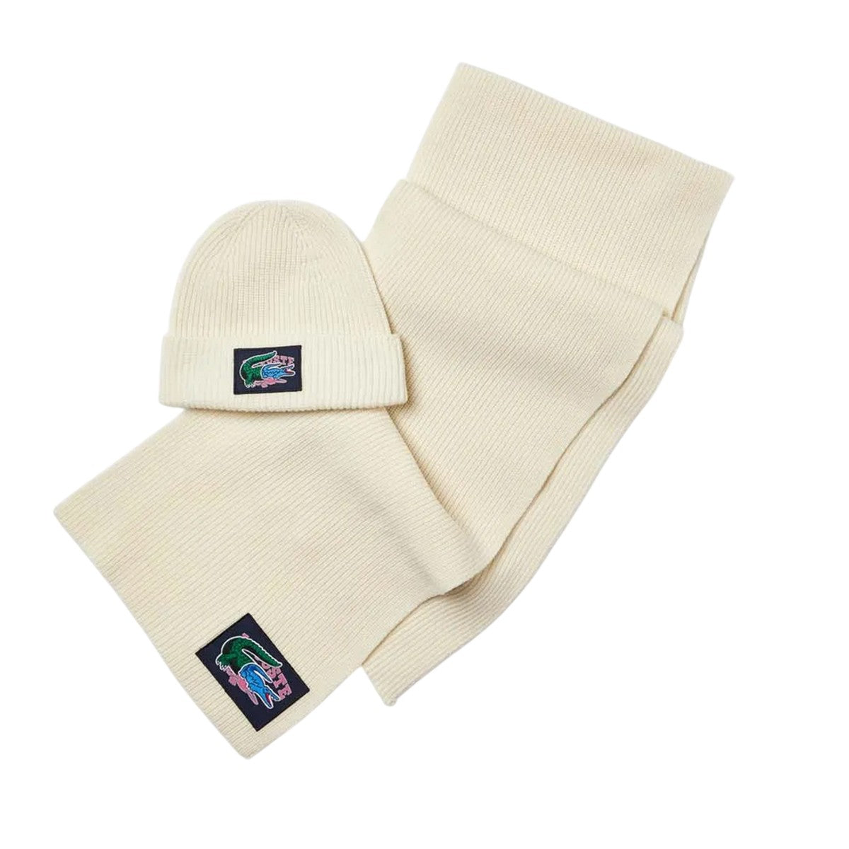 Cream - Front - Lacoste Logo Wool Scarf & Beanie Set