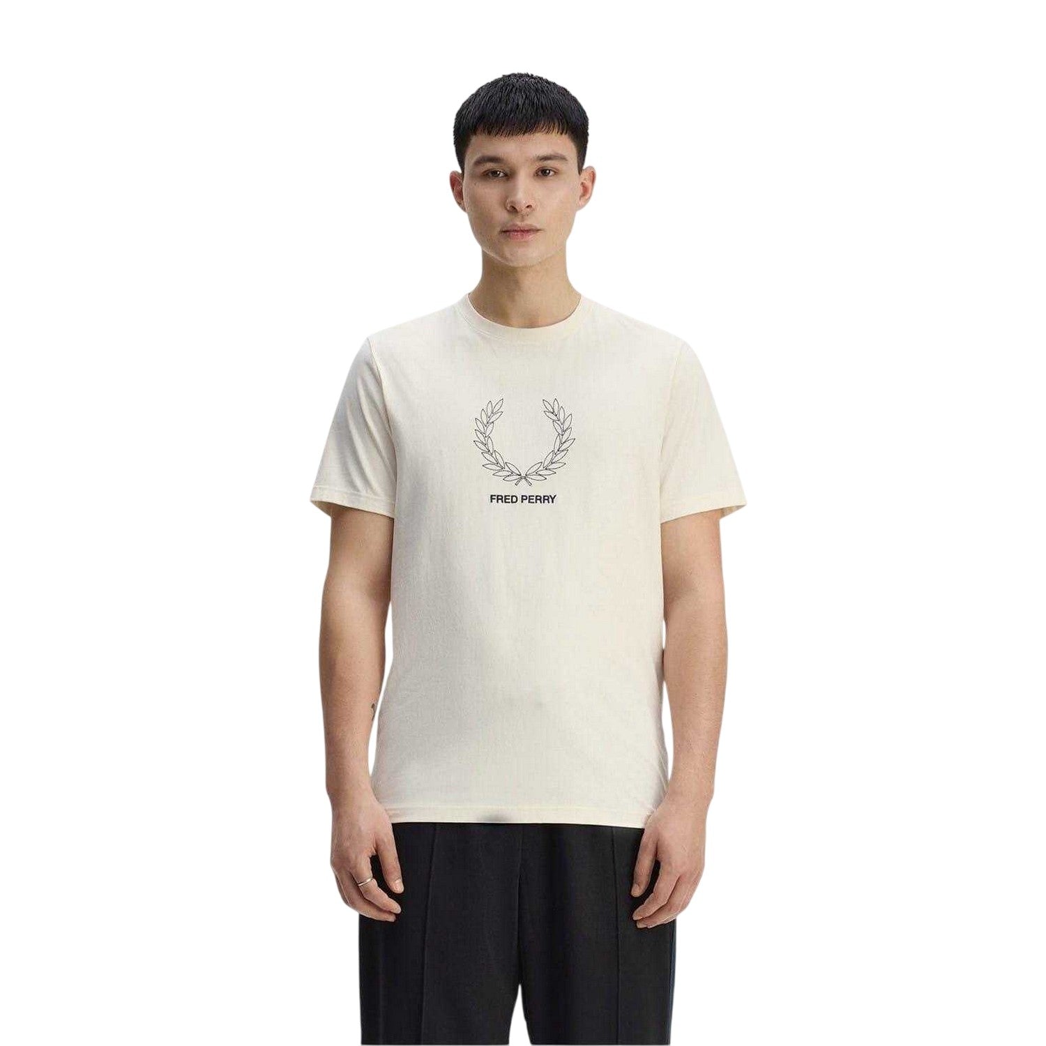 Ecru - Side - Fred Perry Mens Wreath Logo Regular T-Shirt