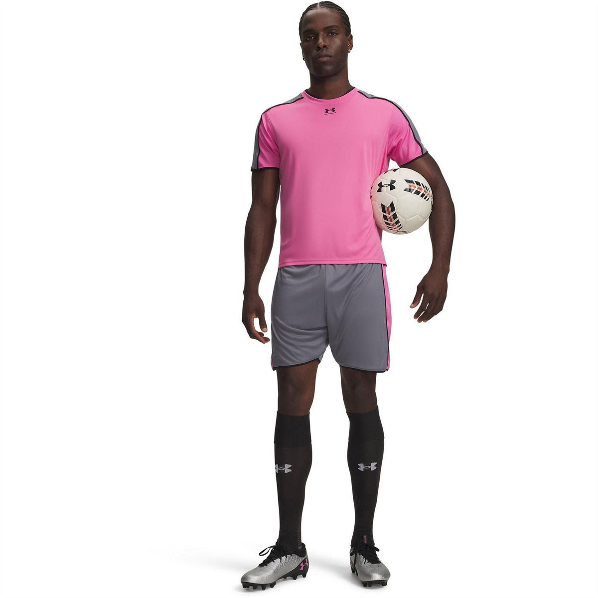 Grey-Pink - Side - Under Armour Mens Football Shorts