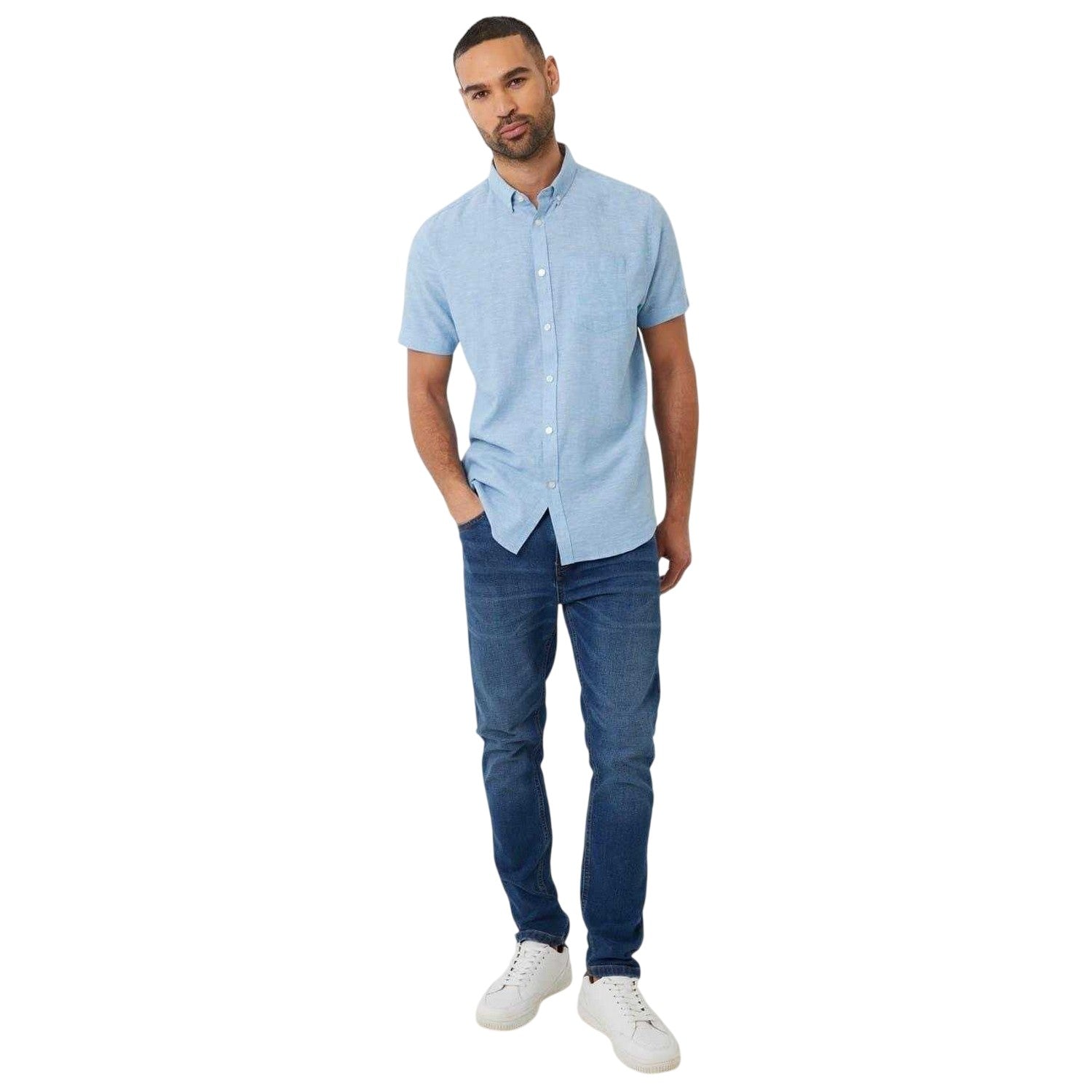 Denim - Side - Threadbare Mens Linen Blend Short-Sleeved Shirt
