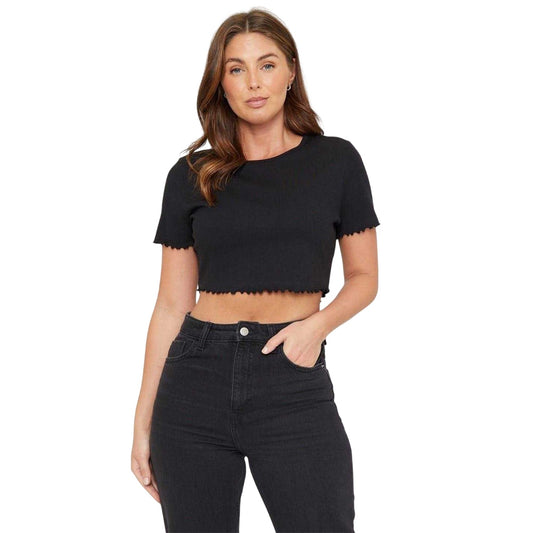 Black - Front - Be You Womens-Ladies Plain Ribbed Regular Crop T-Shirt