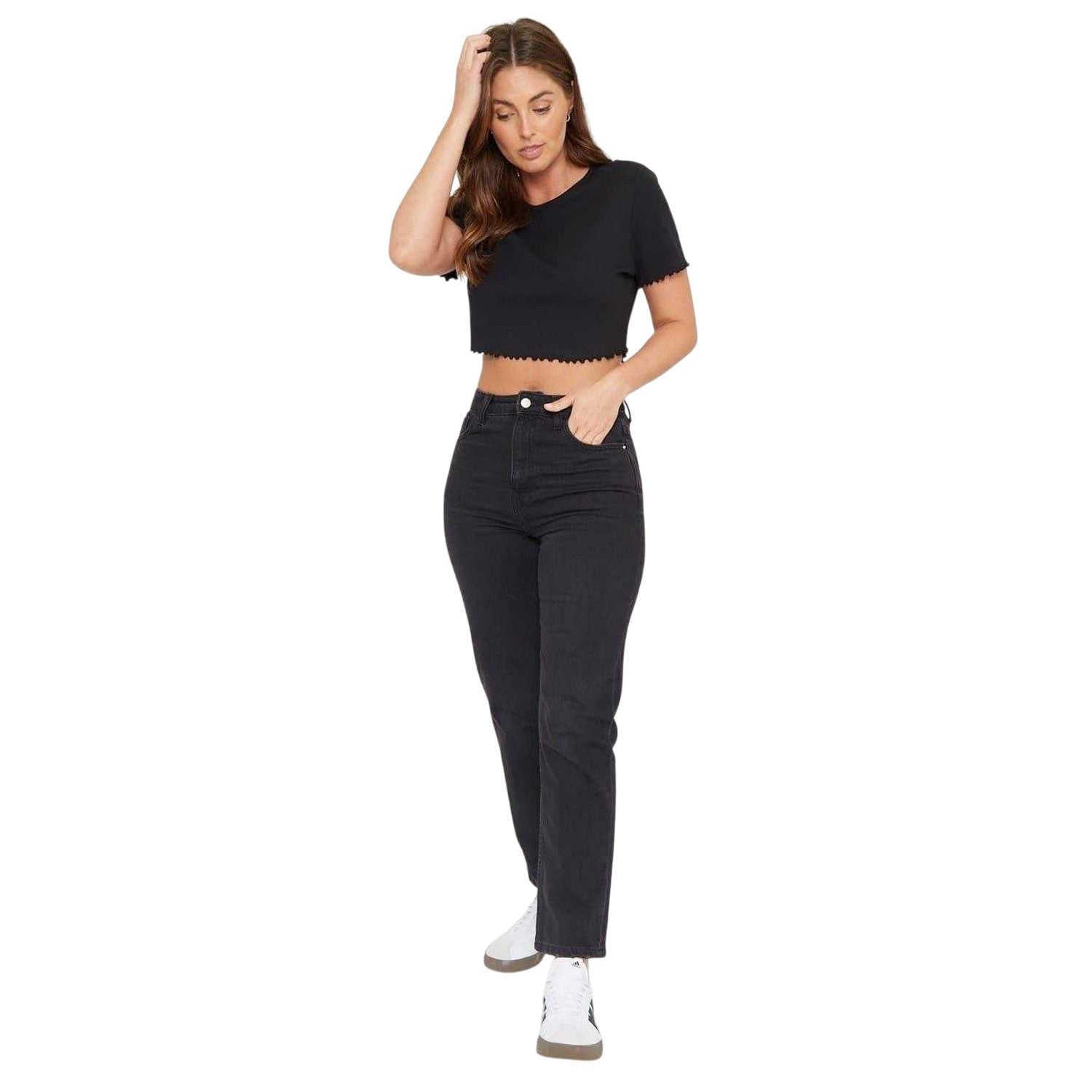 Black - Side - Be You Womens-Ladies Plain Ribbed Regular Crop T-Shirt