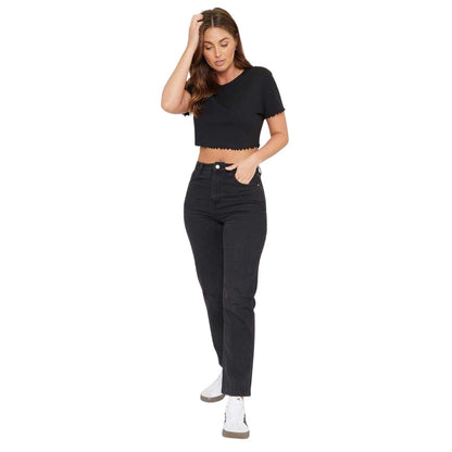 Black - Side - Be You Womens-Ladies Plain Ribbed Regular Crop T-Shirt
