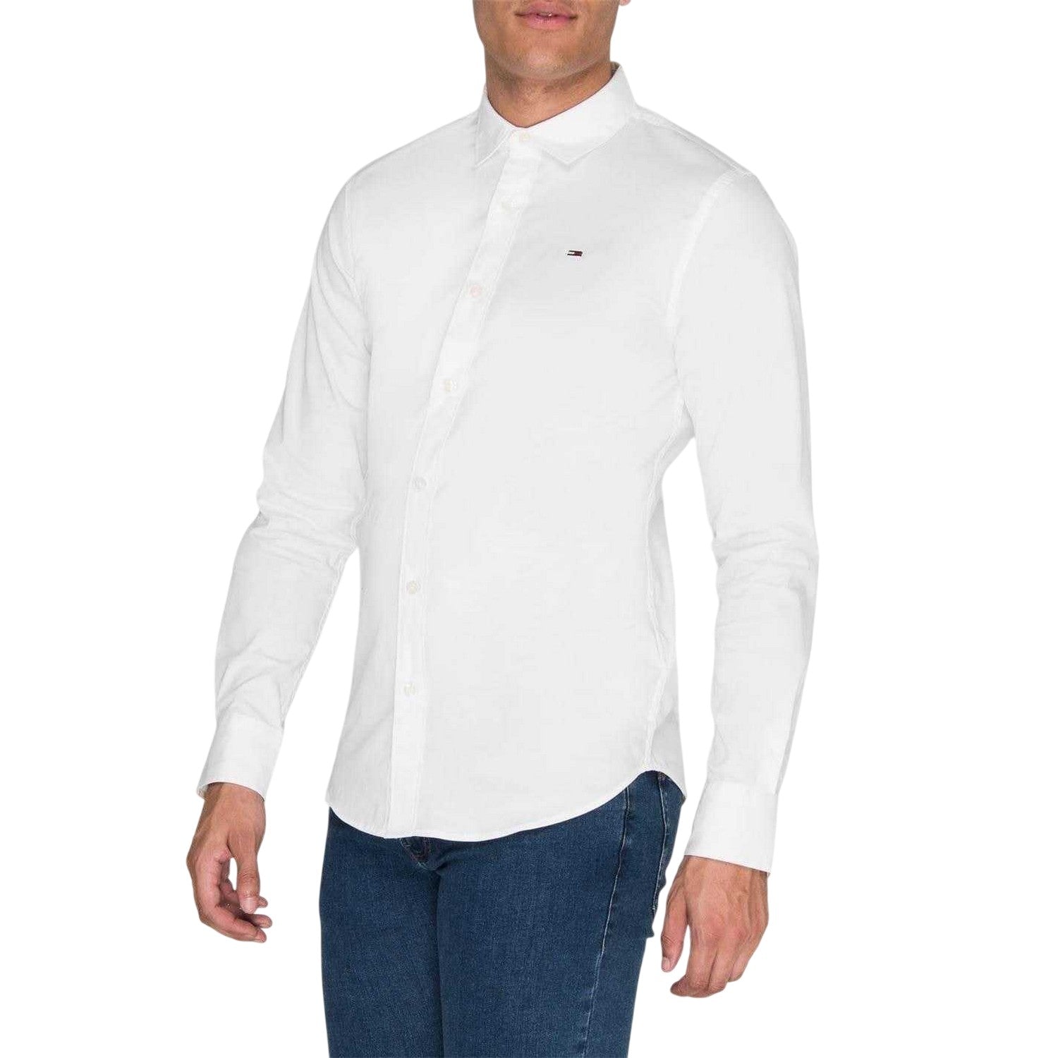 White - Side - Tommy Jeans Mens Plain Stretch Long-Sleeved Shirt