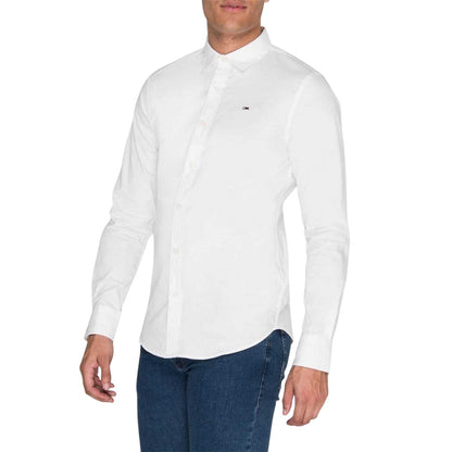 White - Side - Tommy Jeans Mens Plain Stretch Long-Sleeved Shirt