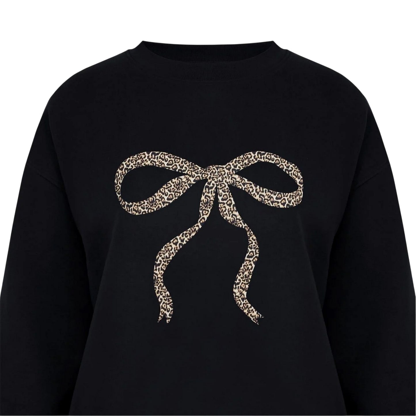 Black-Leopard - Side - Miso Womens-Ladies Bow Crew Neck Long-Sleeved Sweatshirt
