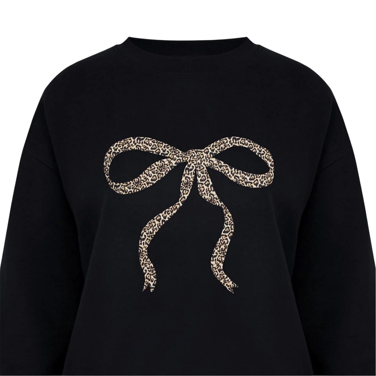 Black-Leopard - Side - Miso Womens-Ladies Bow Crew Neck Long-Sleeved Sweatshirt