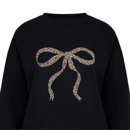 Black-Leopard - Side - Miso Womens-Ladies Bow Crew Neck Long-Sleeved Sweatshirt