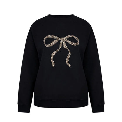 Black-Leopard - Front - Miso Womens-Ladies Bow Crew Neck Long-Sleeved Sweatshirt
