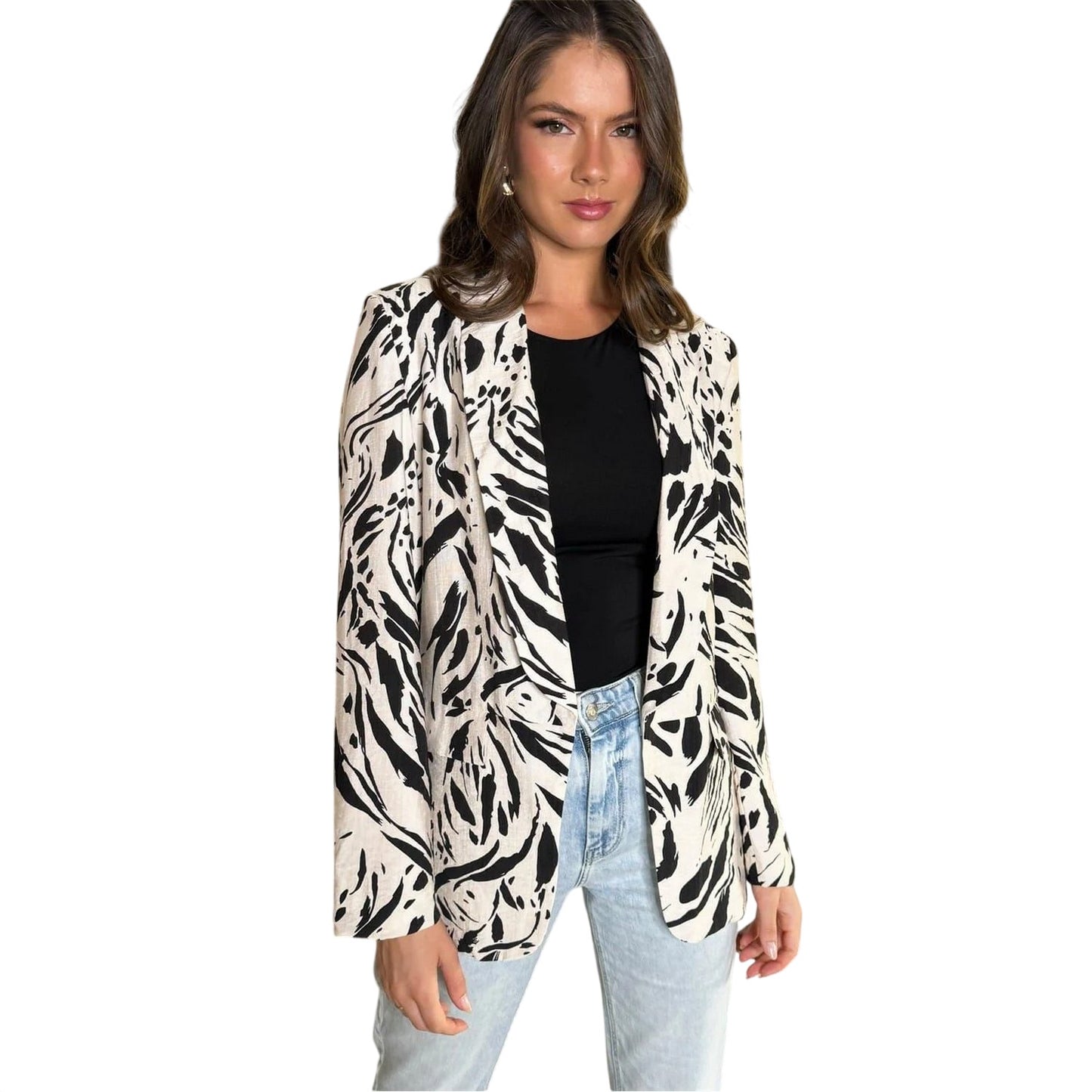 Cream-Black - Front - AX Paris Womens-Ladies Brush Stroke Blazer