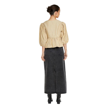 Beige - Back - Glamorous Womens-Ladies Striped Front Tie Puff Sleeve Top