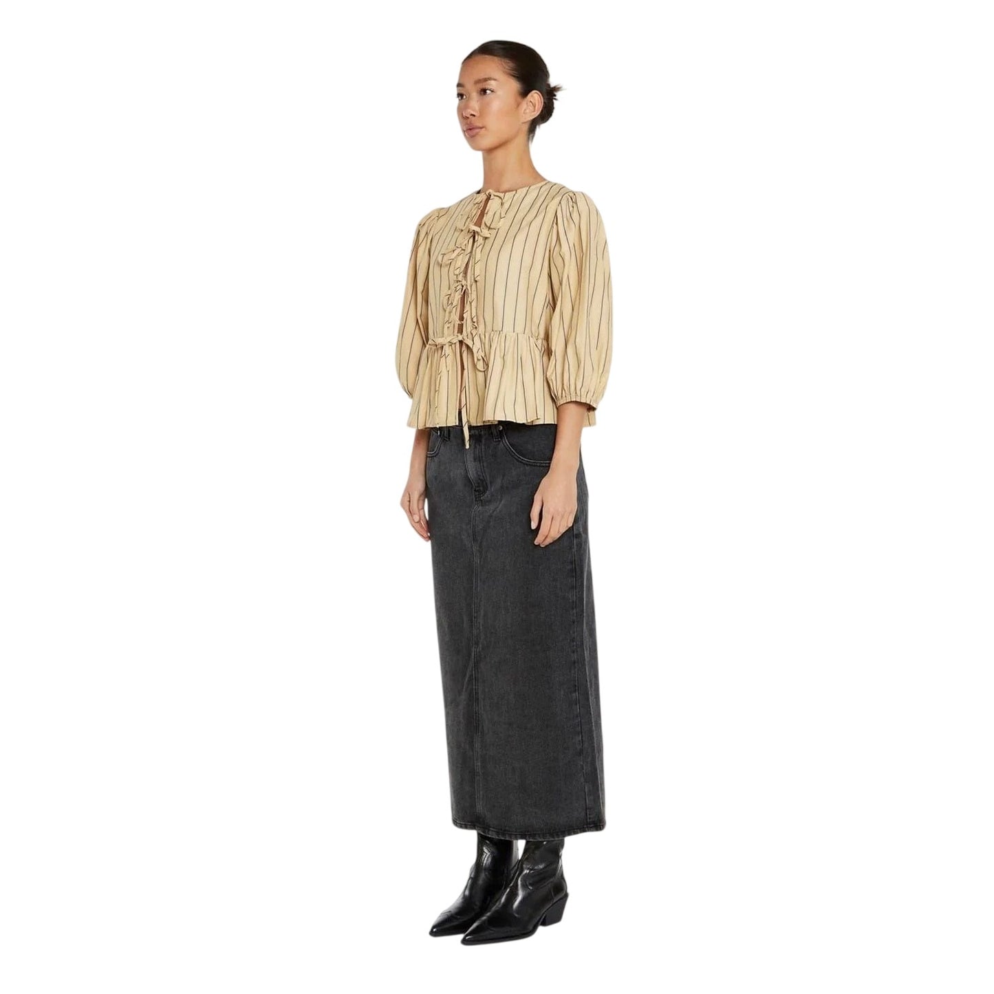 Beige - Side - Glamorous Womens-Ladies Striped Front Tie Puff Sleeve Top