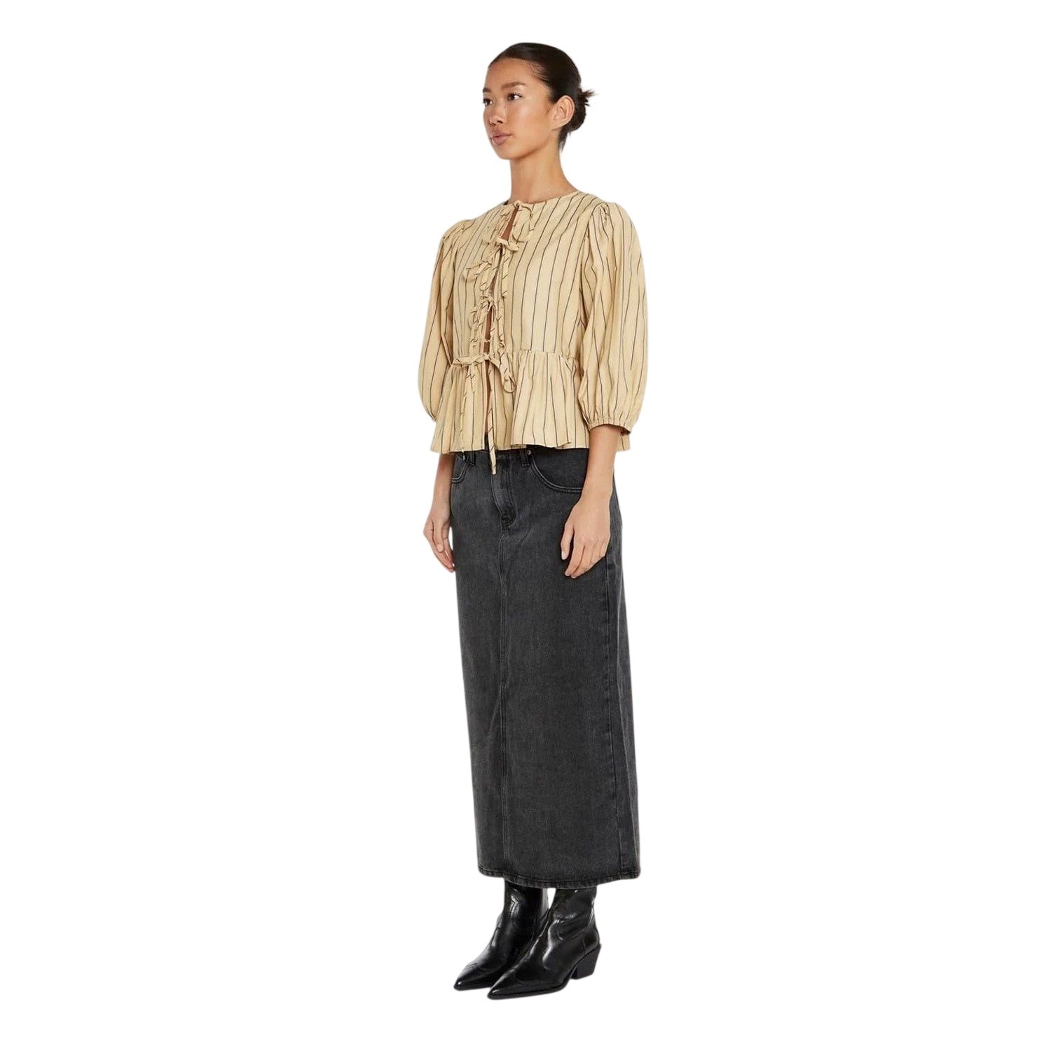 Beige - Side - Glamorous Womens-Ladies Striped Front Tie Puff Sleeve Top