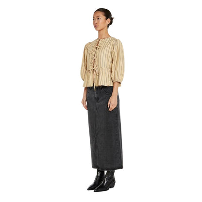 Beige - Side - Glamorous Womens-Ladies Striped Front Tie Puff Sleeve Top