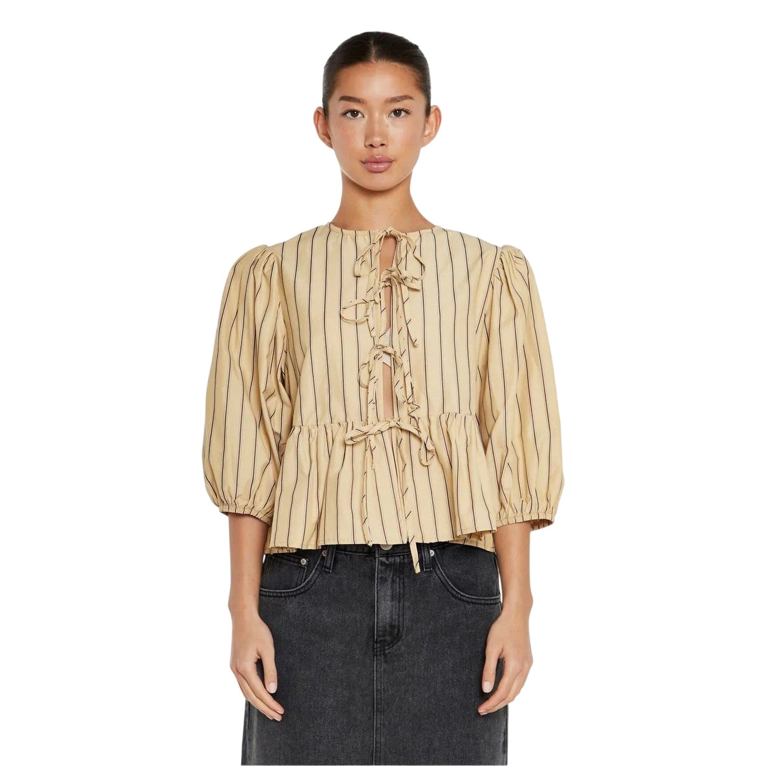 Beige - Front - Glamorous Womens-Ladies Striped Front Tie Puff Sleeve Top