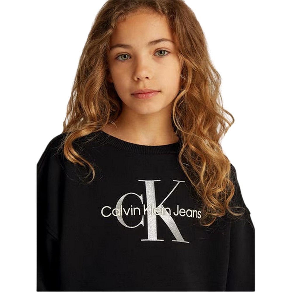 Black Blend - Side - Calvin Klein Childrens-Kids Glitter Logo Regular Crop Sweatshirt