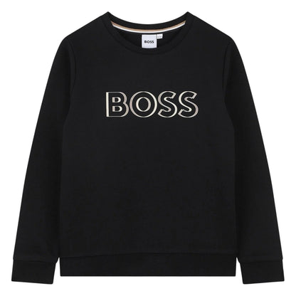 Black - Front - Boss Childrens-Kids Logo Crew Neck Regular Sweatshirt