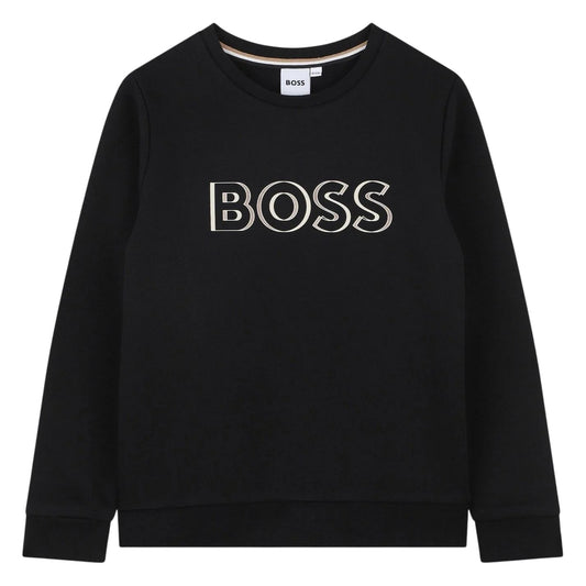 Black - Front - Boss Childrens-Kids Logo Crew Neck Regular Sweatshirt