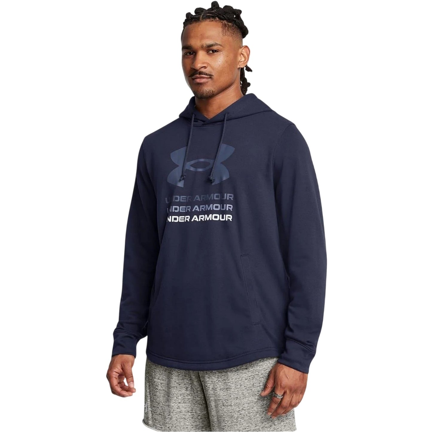 Blue - Side - Under Armour Mens Rival Terry Graphic Hoodie