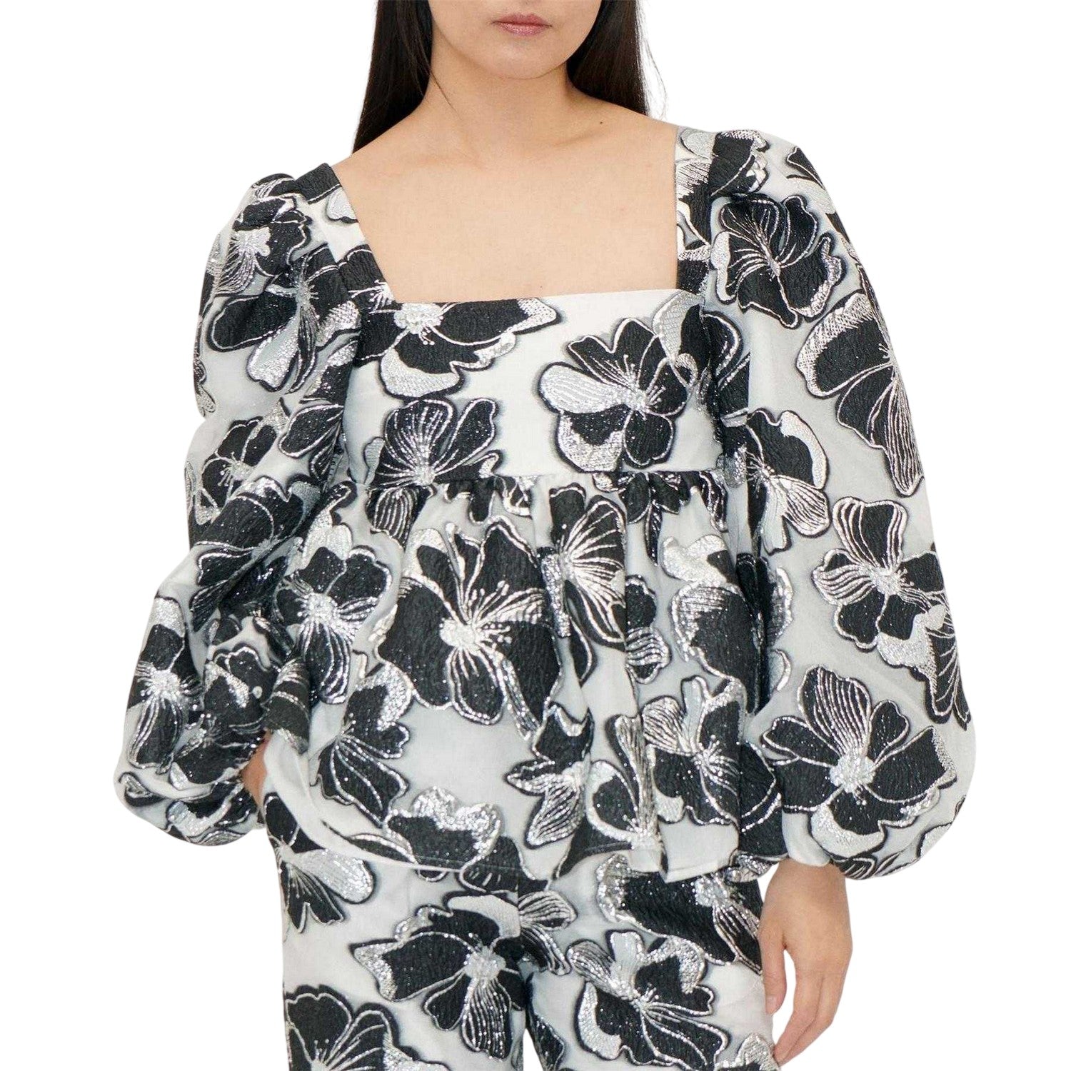 Light Blue-Black-Gold - Front - Stine Goya Womens-Ladies Square Neck Long-Sleeved Blouse
