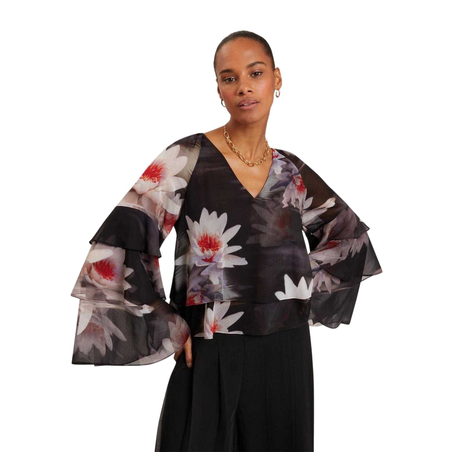 Black - Lifestyle - Ted Baker Womens-Ladies V Neck Loose Ruffle Blouse